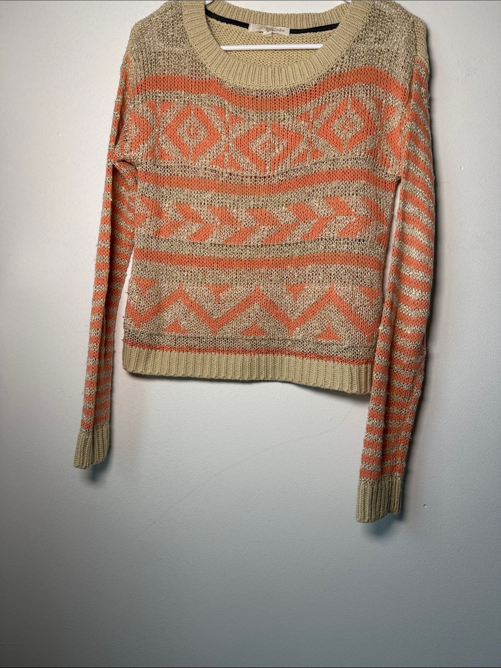 Rewind Beige and Coral Geometric Knit Sweater